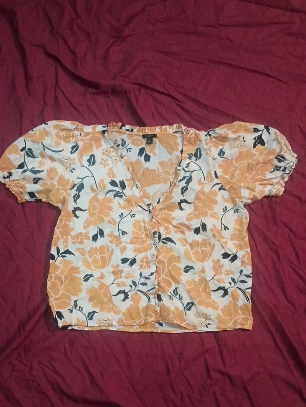 Ann Taylor Factory Yellow Floral V-Neck Puff Sleeve Blouse Woman's M Summer